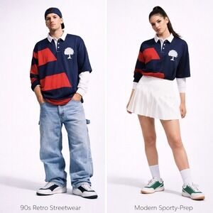 NWT‎ Larja Mountz Rugby Shirt L Navy Red White Colorblock Art Streetwear